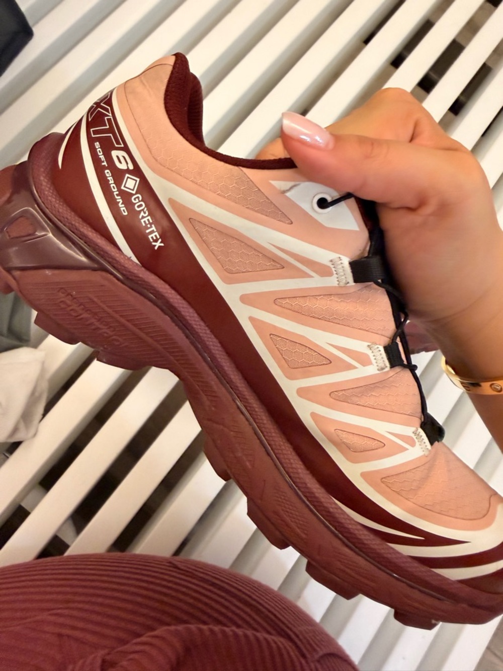 Salomon Pink Trail Sneakers with Burgundy Trim and Color Accents - Picture 4 of 7